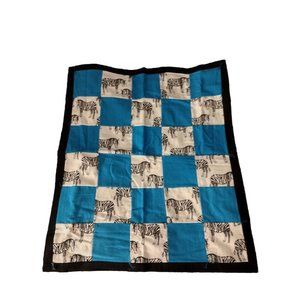 Handmade Zebra‎ and Blue Checked Baby Quilt with Zebra Backing